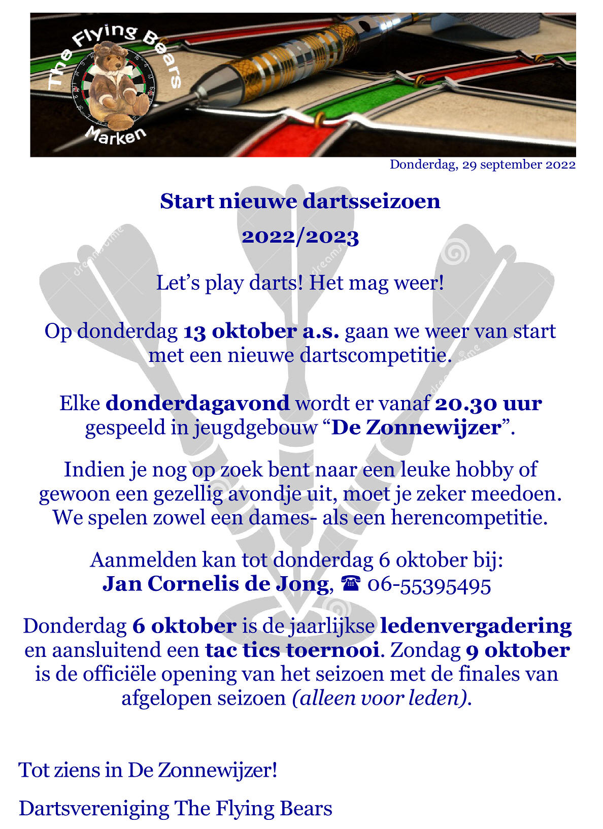 The Flying Bears starten donderdag 6 oktober het dartseizoen 2022/2023