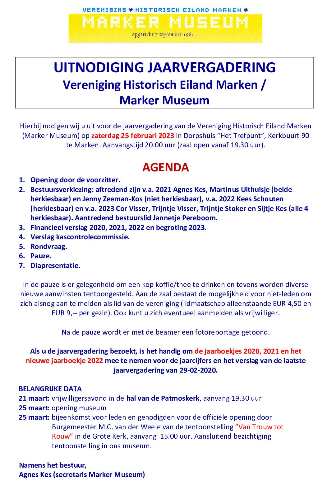 Uitnodiging jaarvergadering Vereniging 'Historisch Eiland Marken'