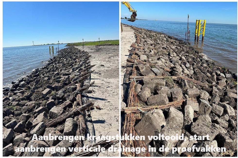 Aanbrengen kraagstukken voltooid, start aanbrengen verticale drainage in de proefvakken