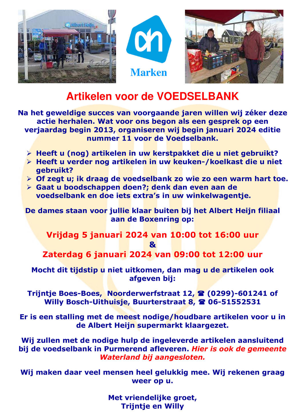 Begin januari 2024 voedselbank actie nabij AH supermarkt