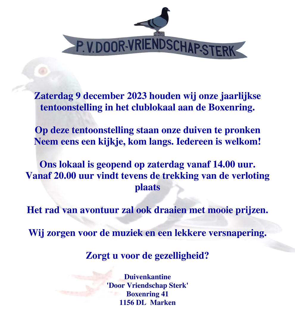 Zaterdag 9 december: 'Duivententoonstelling 2023'