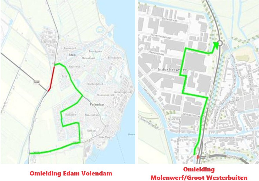 N247 afgesloten tussen Edam en nieuwe kruising met N244