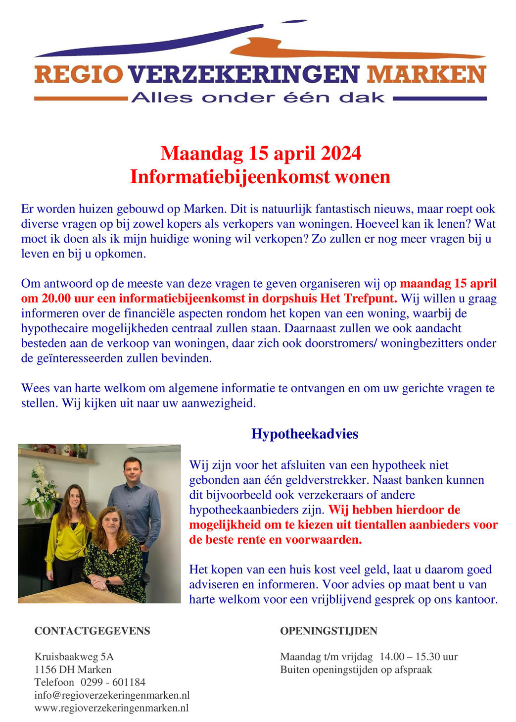 Maandag 15 april: Informatiebijeenkomst wonen